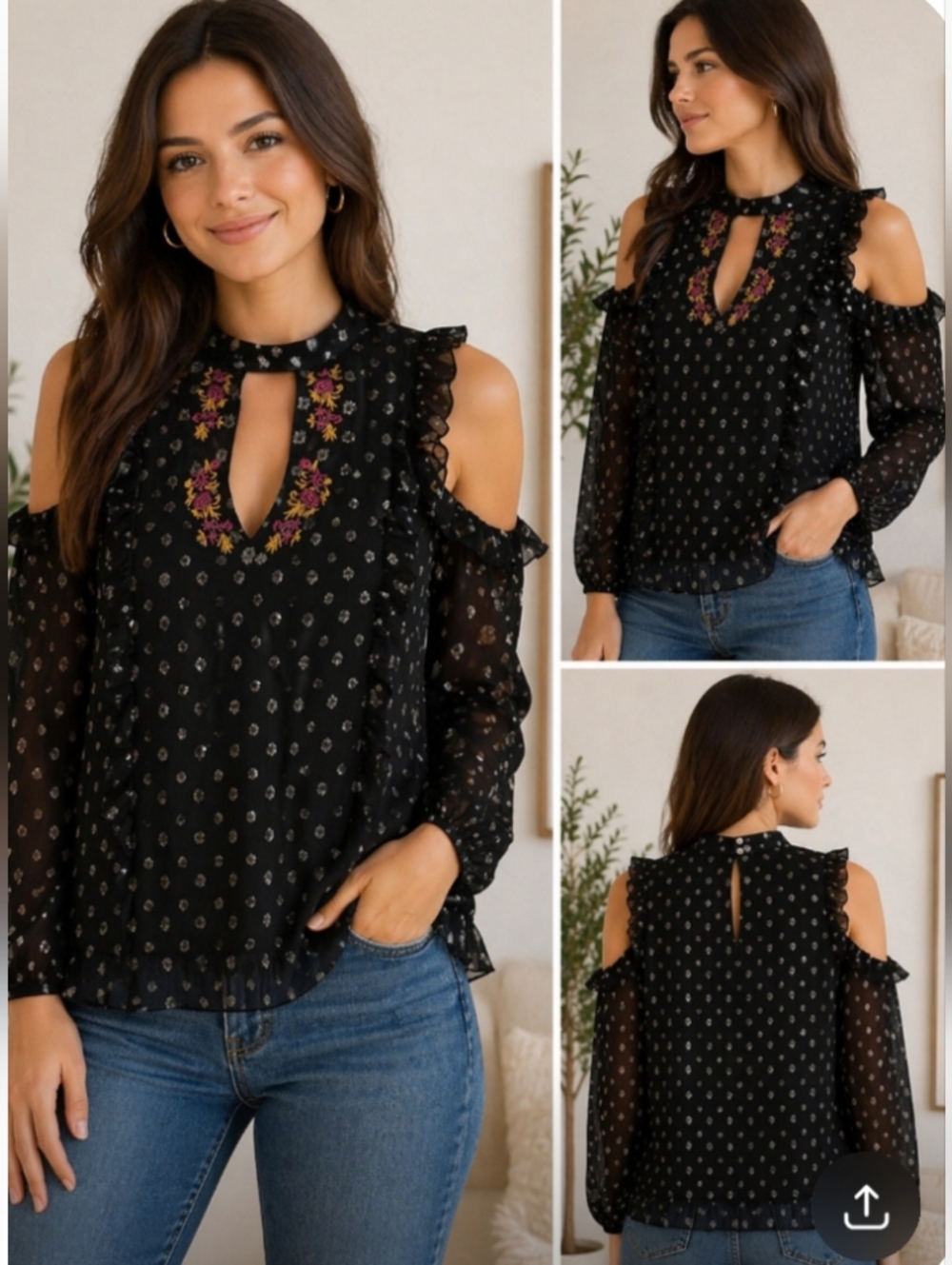 Tularosa Cold Shoulder Embroidered Keyhole Blouse NWTS Size Small